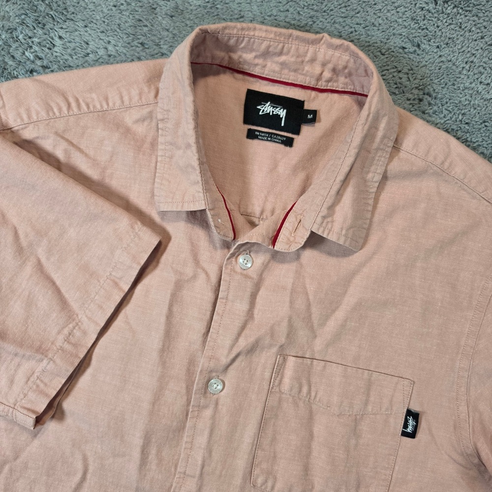 Stussy Linen Blend Shirt Mens Medium Pink Short Sleeve Cotton Button Down Street